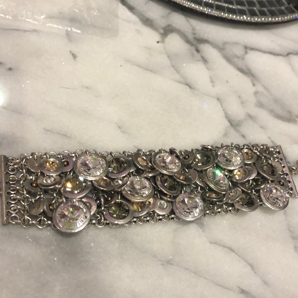 Designer Silver Mesh w/ Clear & Gray Crystals Bracelet-Boutique